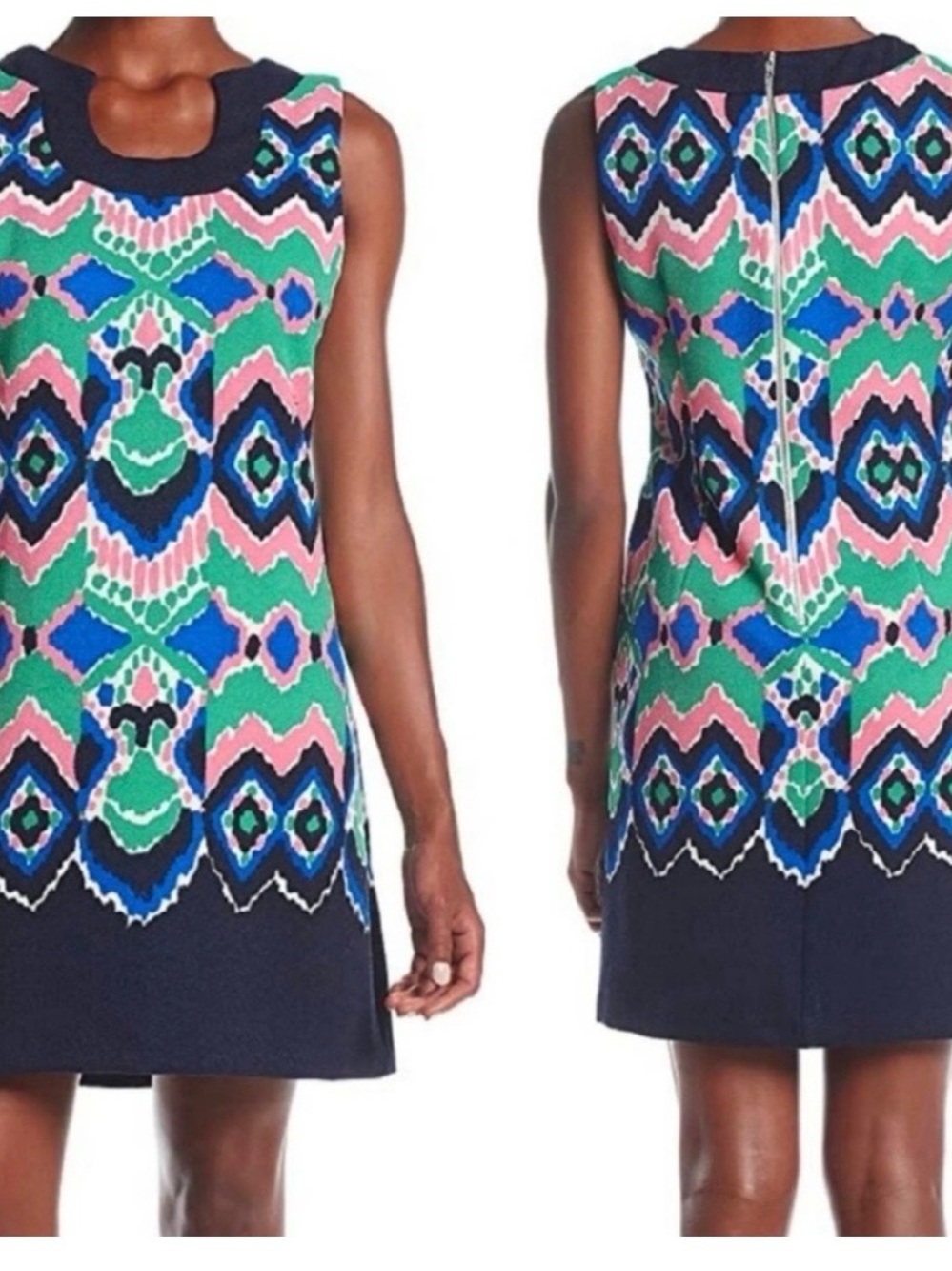 Gabby Skye Navy Shift Dress with Green & Pink Geo Print